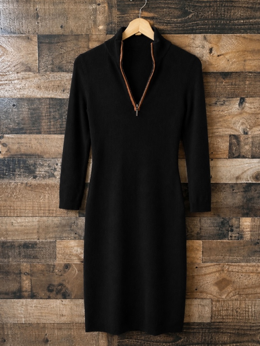 Tyler Boe Black Sweater Dress Small Leather Trim Zip Sleeve Luxury Knit Tunic